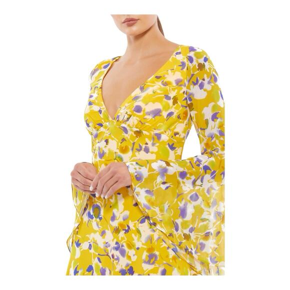 Mac Duggal yellow floral bell sleeves chiffon Mini dress party wedding Sz 10 - Picture 10 of 16